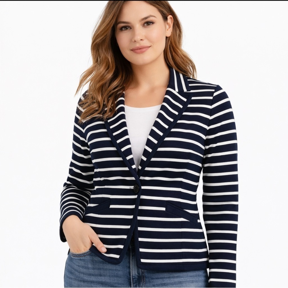 The Limited Knit One Button Blazer Jacket Womens Small Navy Striped Career